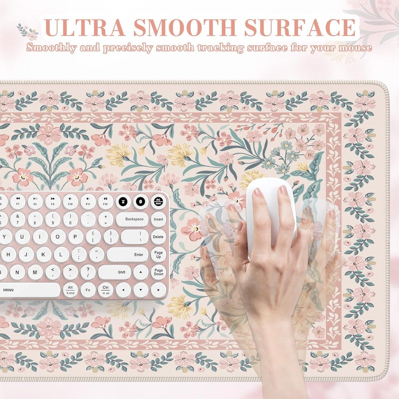 iCasso Pink Floral Desk Mat, Desk Pad, XXL Large Mouse Pad, Anti-Slip Big Mousepad with Stitched Edges, Computer Mouse Pads for Desktop for Women(Pink) - Image 3